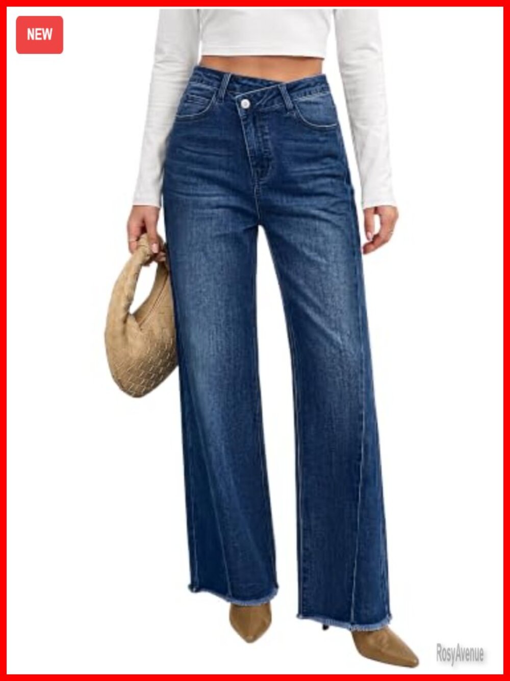 Women's Wide Leg Stretchy Denim Jeans High Rise Frayed Hem Boyfriend Fit